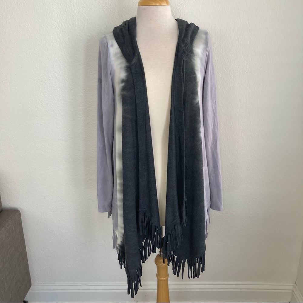 Tie dye boho fringe hooded open front cardigan sweater
